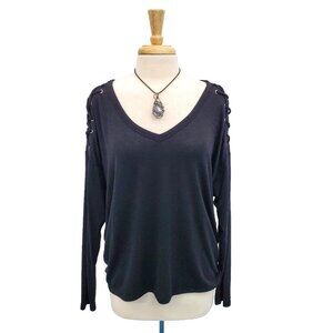 Express Black V-Neck Top‎ Womens Size M Lace Up Shoulder Long Sleeve Blouse